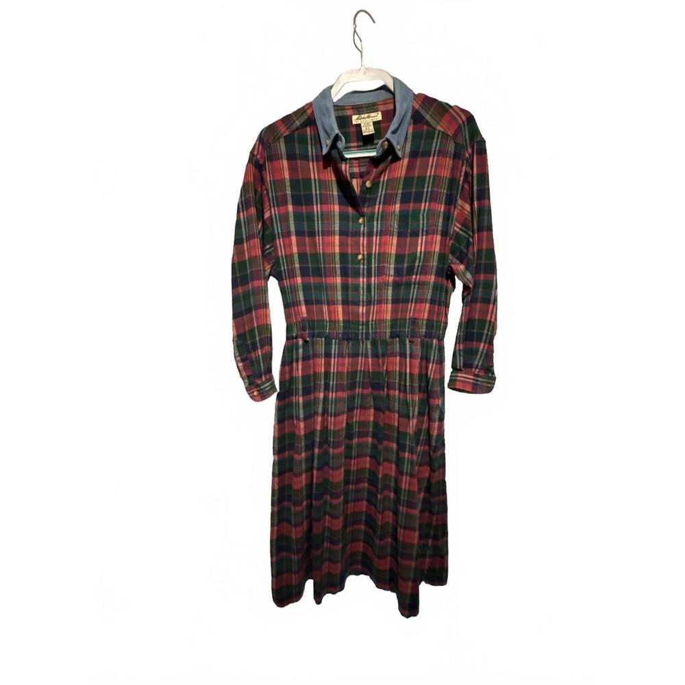 Eddie Bauer Long Sleeve Plaid Dress with Denim Collar